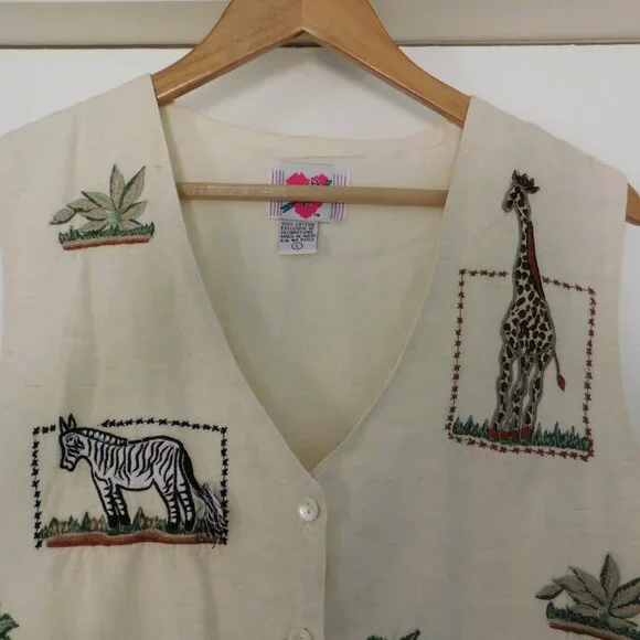Vintage Keren Hart‎ Zebra Elephant Giraffe Vest Cotton Teacher Size Large - Picture 2 of 7